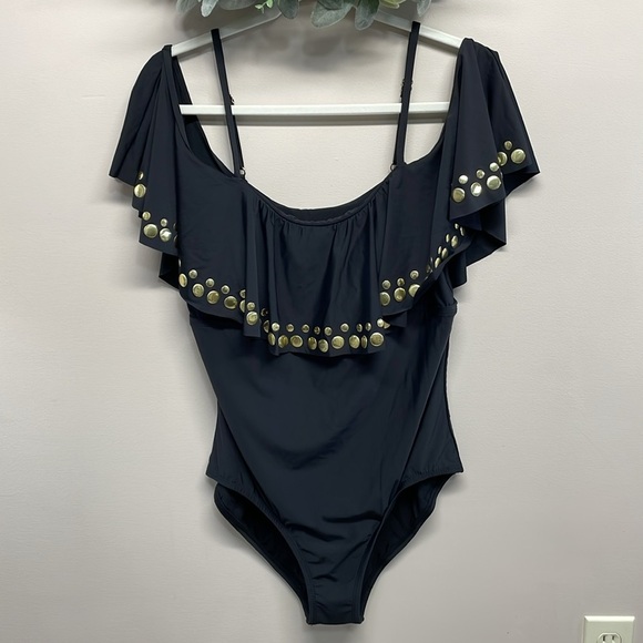 NWOT Athena Off The Shoulder Cold Shoulder One Piece Swimsuit Gold Studs 14 - Picture 2 of 16